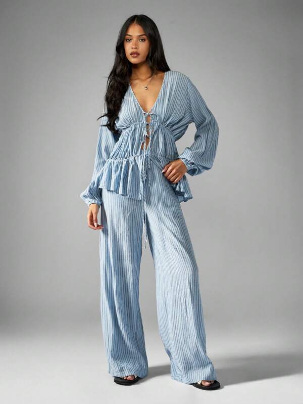 MISSGUIDED Vintage Inspired Ruffle Waist Wide Leg Palazzo Two Piece
