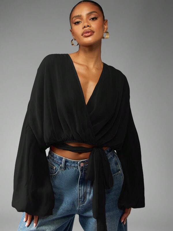 MISSGUIDED Voluminous Wrap Front Blouse With Balloon Sleeves