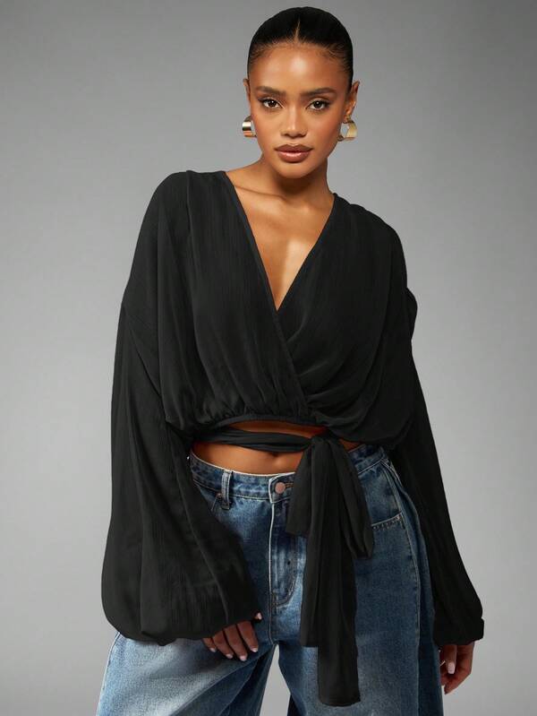 MISSGUIDED Voluminous Wrap Front Blouse With Balloon Sleeves