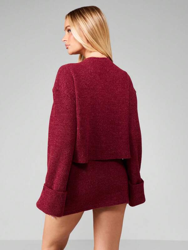 MISSGUIDED Waffle Knit Cardigan And Mini Skirt Set