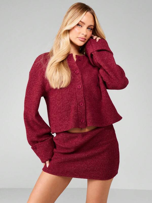 MISSGUIDED Waffle Knit Cardigan And Mini Skirt Set