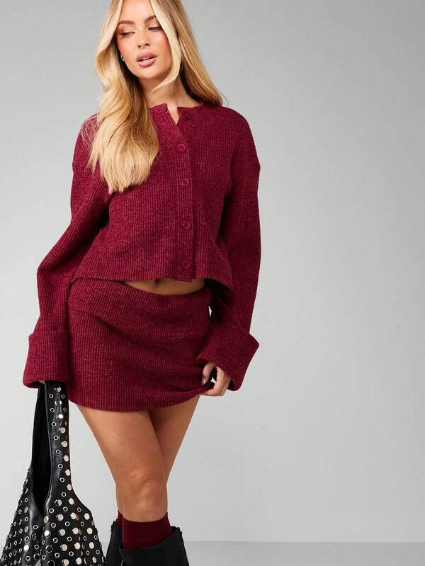 MISSGUIDED Waffle Knit Cardigan And Mini Skirt Set