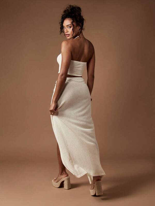 MISSGUIDED Waffle Knit Ring Detail Bandeau Crop Top Long Maxi Skirt Co-Ord Set