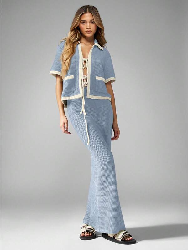 MISSGUIDED Waffle Knit Textured Two Piece Maxi Skirt Outfit