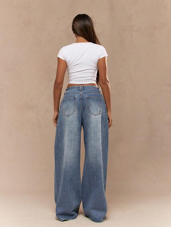 MISSGUIDED Washed Faded Box Pleated Waistband Wide Leg Low Rise Jeans