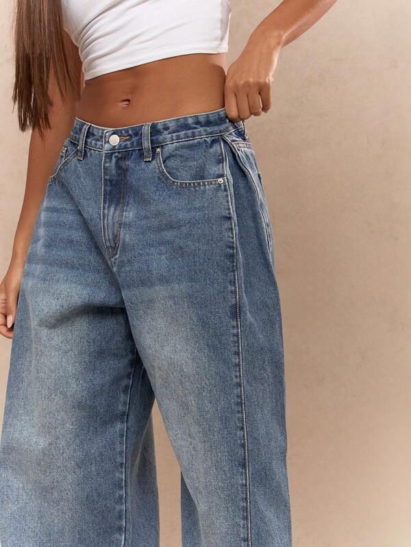 MISSGUIDED Washed Faded Box Pleated Waistband Wide Leg Low Rise Jeans
