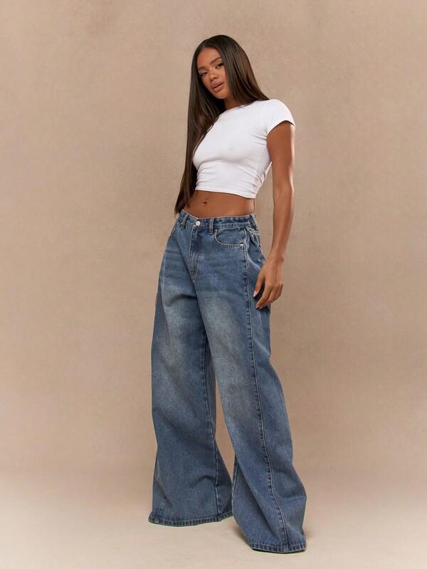 MISSGUIDED Washed Faded Box Pleated Waistband Wide Leg Low Rise Jeans