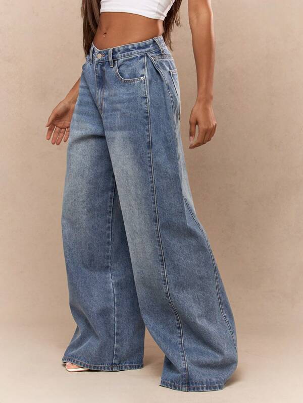 MISSGUIDED Washed Faded Box Pleated Waistband Wide Leg Low Rise Jeans