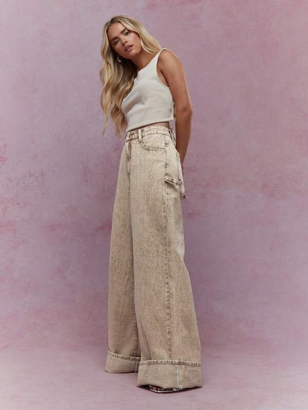 MISSGUIDED Washed Folded Hem Straight Leg Jeans