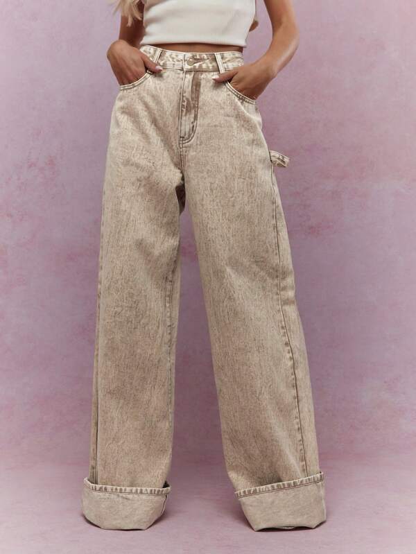 MISSGUIDED Washed Folded Hem Straight Leg Jeans