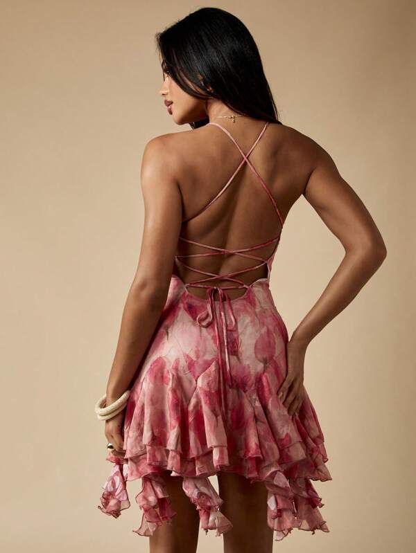 MISSGUIDED Watercolor Floral Devore Chiffon Mini Dress With Ruffle Handkerchief Hem