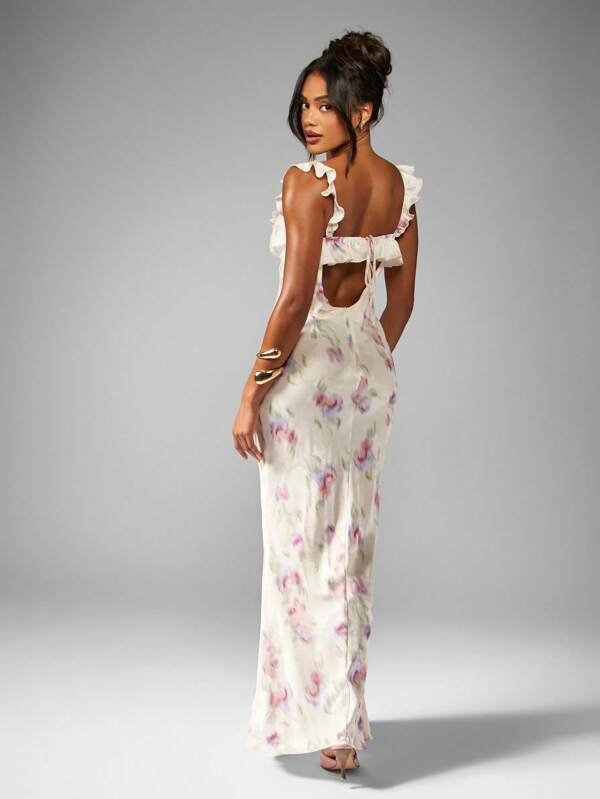 MISSGUIDED Watercolor Floral Print Satin Maxi Dress With Ruffle Trim And Empire Waist