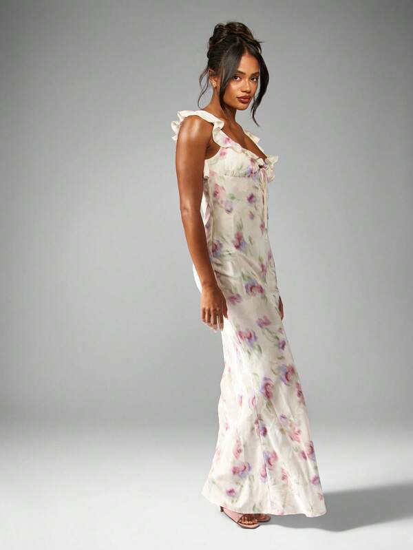 MISSGUIDED Watercolor Floral Print Satin Maxi Dress With Ruffle Trim And Empire Waist