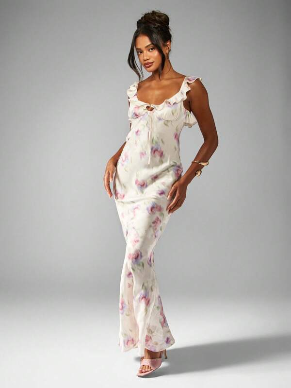 MISSGUIDED Watercolor Floral Print Satin Maxi Dress With Ruffle Trim And Empire Waist