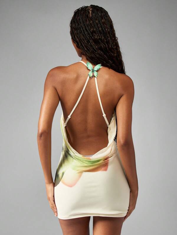 MISSGUIDED Watercolor Print Cowl Neck Halter Open Back Butterfly Back Mini Dress