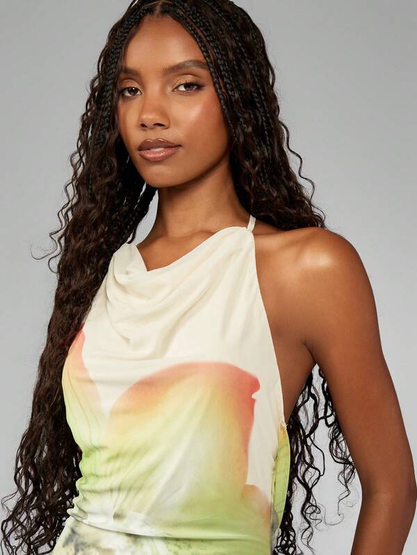 MISSGUIDED Watercolor Print Cowl Neck Halter Open Back Butterfly Back Mini Dress