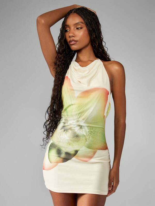 MISSGUIDED Watercolor Print Cowl Neck Halter Open Back Butterfly Back Mini Dress