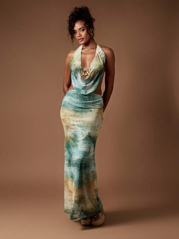 MISSGUIDED Watercolor Print Halter Neck Maxi Dress