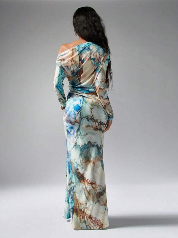 MISSGUIDED Watercolor Print Off Shoulder Mermaid Maxi Dress