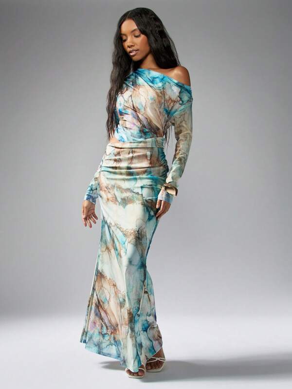 MISSGUIDED Watercolor Print Off Shoulder Mermaid Maxi Dress