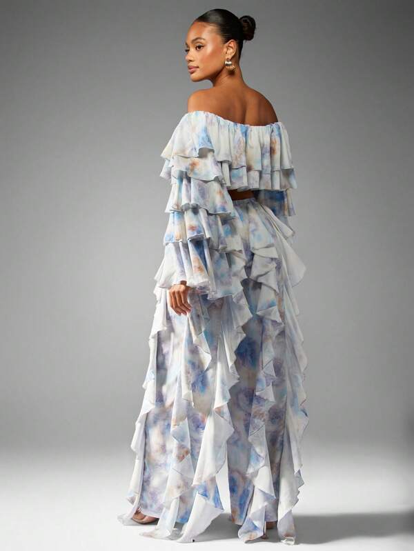 MISSGUIDED Watercolor Print Ruffled Co-Ord With Bell Sleeves And Flared Pants