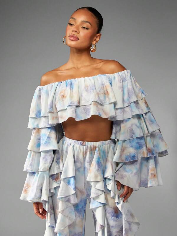 MISSGUIDED Watercolor Print Ruffled Co-Ord With Bell Sleeves And Flared Pants
