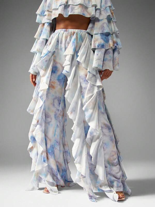 MISSGUIDED Watercolor Print Ruffled Co-Ord With Bell Sleeves And Flared Pants