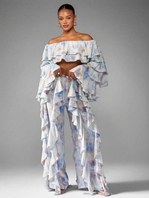 MISSGUIDED Watercolor Print Ruffled Co-Ord With Bell Sleeves And Flared Pants