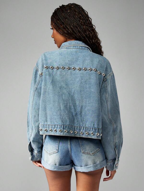MISSGUIDED Western Boho Silver Studded Oversized Cropped Trucker Denim Jacket