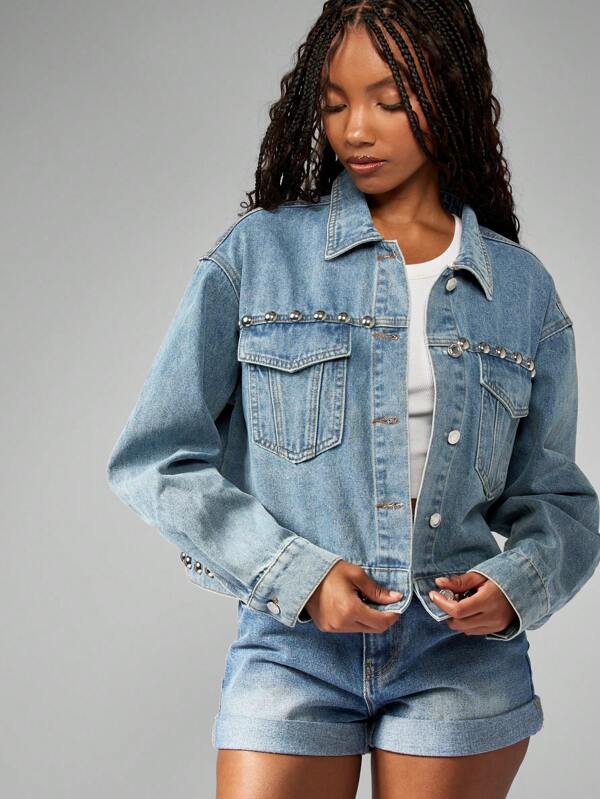 MISSGUIDED Western Boho Silver Studded Oversized Cropped Trucker Denim Jacket