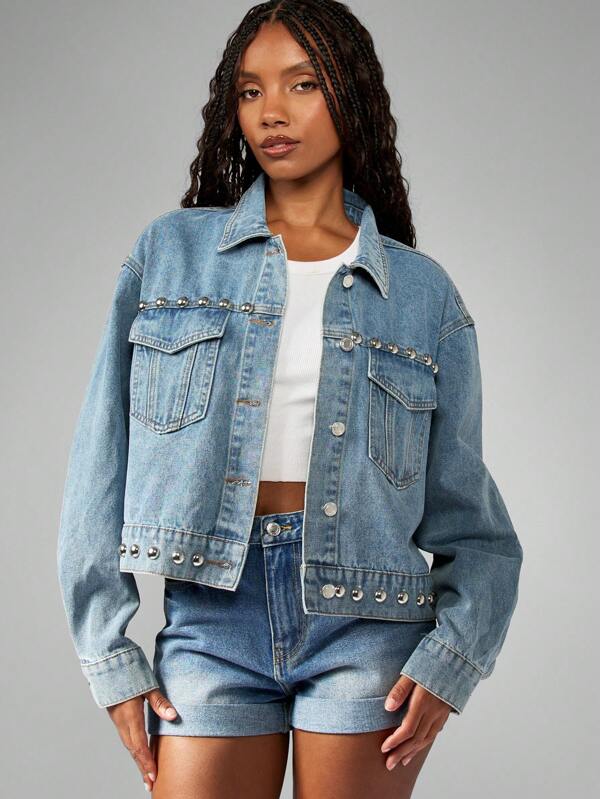 MISSGUIDED Western Boho Silver Studded Oversized Cropped Trucker Denim Jacket