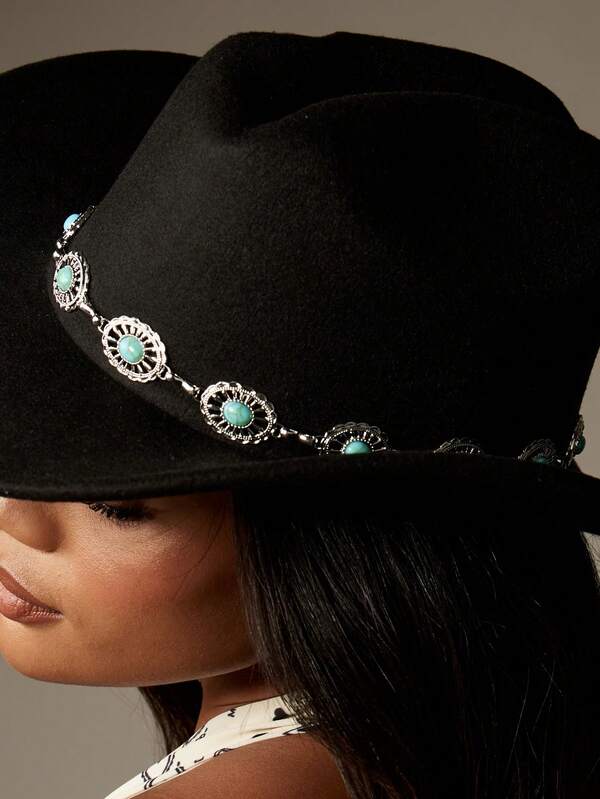 MISSGUIDED Western Cowboy Hat With Turquoise Stone Band Chain Wide Brim