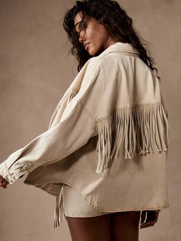 MISSGUIDED Western Fringe Oversized Denim Shirt Top