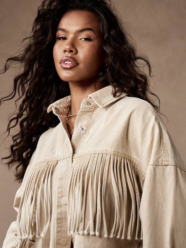 MISSGUIDED Western Fringe Oversized Denim Shirt Top