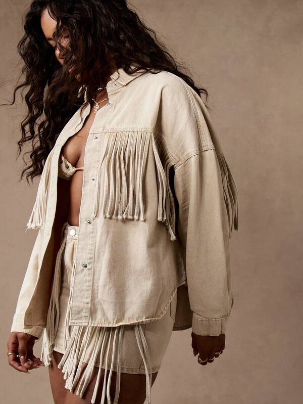MISSGUIDED Western Fringe Oversized Denim Shirt Top