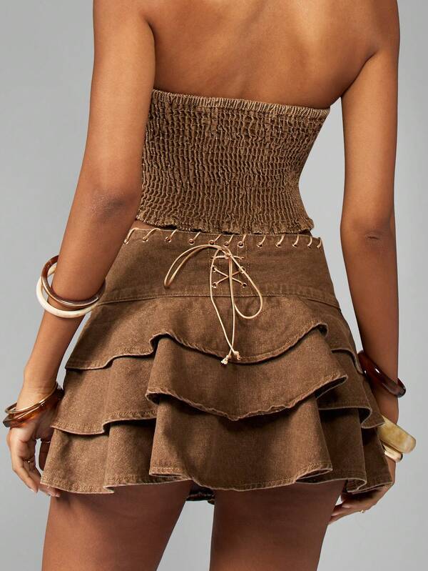 MISSGUIDED Western Inspired Lace Up Tiered Ruffle Prairie Co-Ord Set