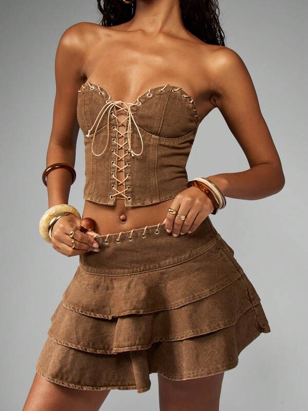 MISSGUIDED Western Inspired Lace Up Tiered Ruffle Prairie Co-Ord Set
