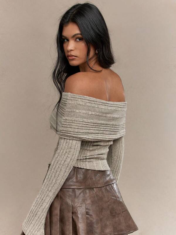 MISSGUIDED Western Metal Detail Textured Off-Shoulder Long Sleeves Bardot Top