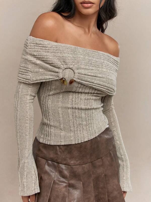MISSGUIDED Western Metal Detail Textured Off-Shoulder Long Sleeves Bardot Top