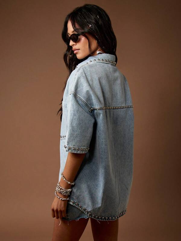 MISSGUIDED Western Studded Oversized Denim Button Down Shirt