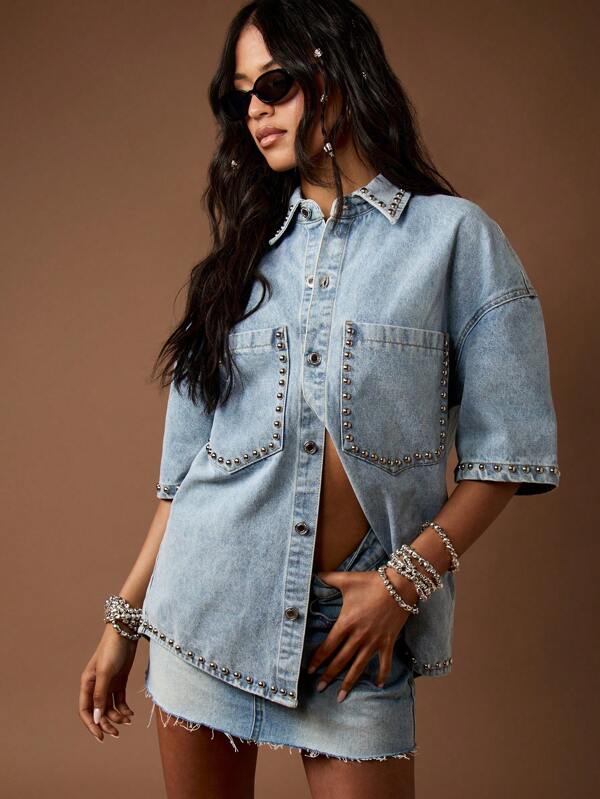 MISSGUIDED Western Studded Oversized Denim Button Down Shirt