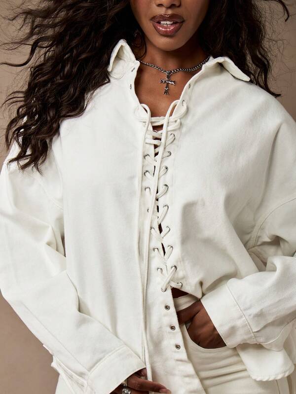MISSGUIDED White Oversized Corset Front Lace Up Button Down Distressed Denim Top