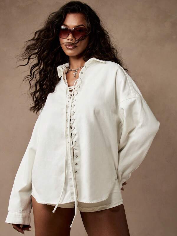 MISSGUIDED White Oversized Corset Front Lace Up Button Down Distressed Denim Top