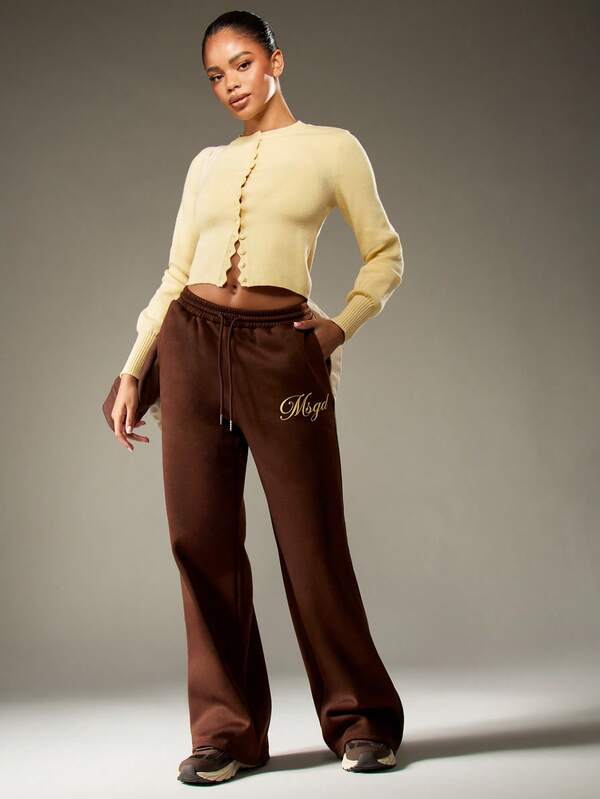 MISSGUIDED Wide Leg Brown Sweatpants With Embroidered Logo