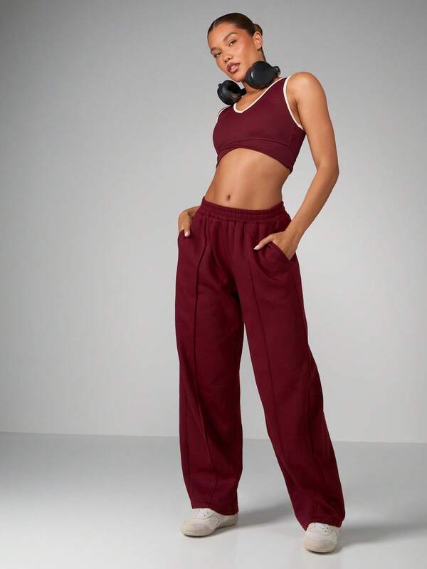 MISSGUIDED Wide Leg Burgundy Sweatpants With Side Pockets