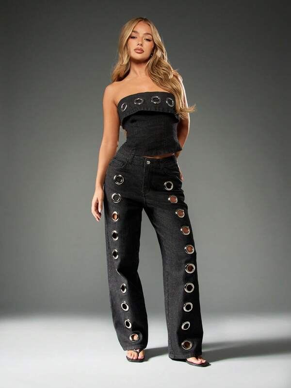 MISSGUIDED Wide Leg Denim Jeans With Metal Eyelets