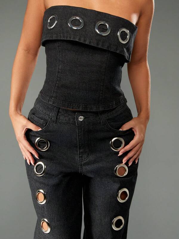 MISSGUIDED Wide Leg Denim Jeans With Metal Eyelets