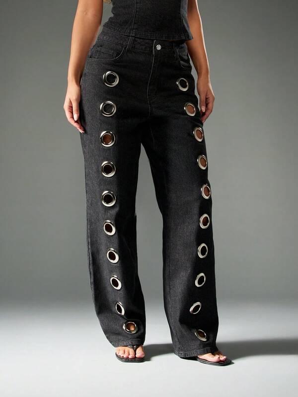 MISSGUIDED Wide Leg Denim Jeans With Metal Eyelets