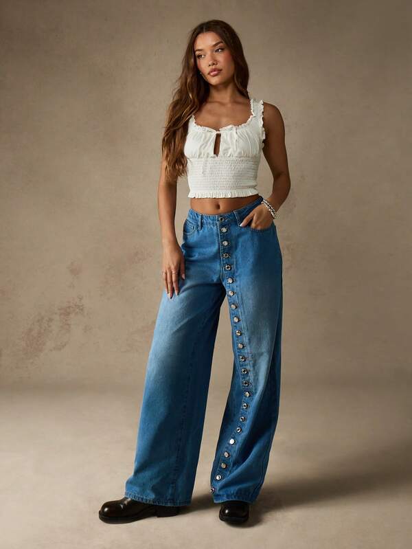 MISSGUIDED Wide Leg Denim Jeans With Side Button Detail