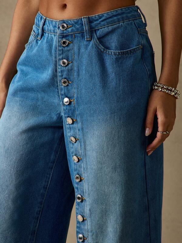 MISSGUIDED Wide Leg Denim Jeans With Side Button Detail